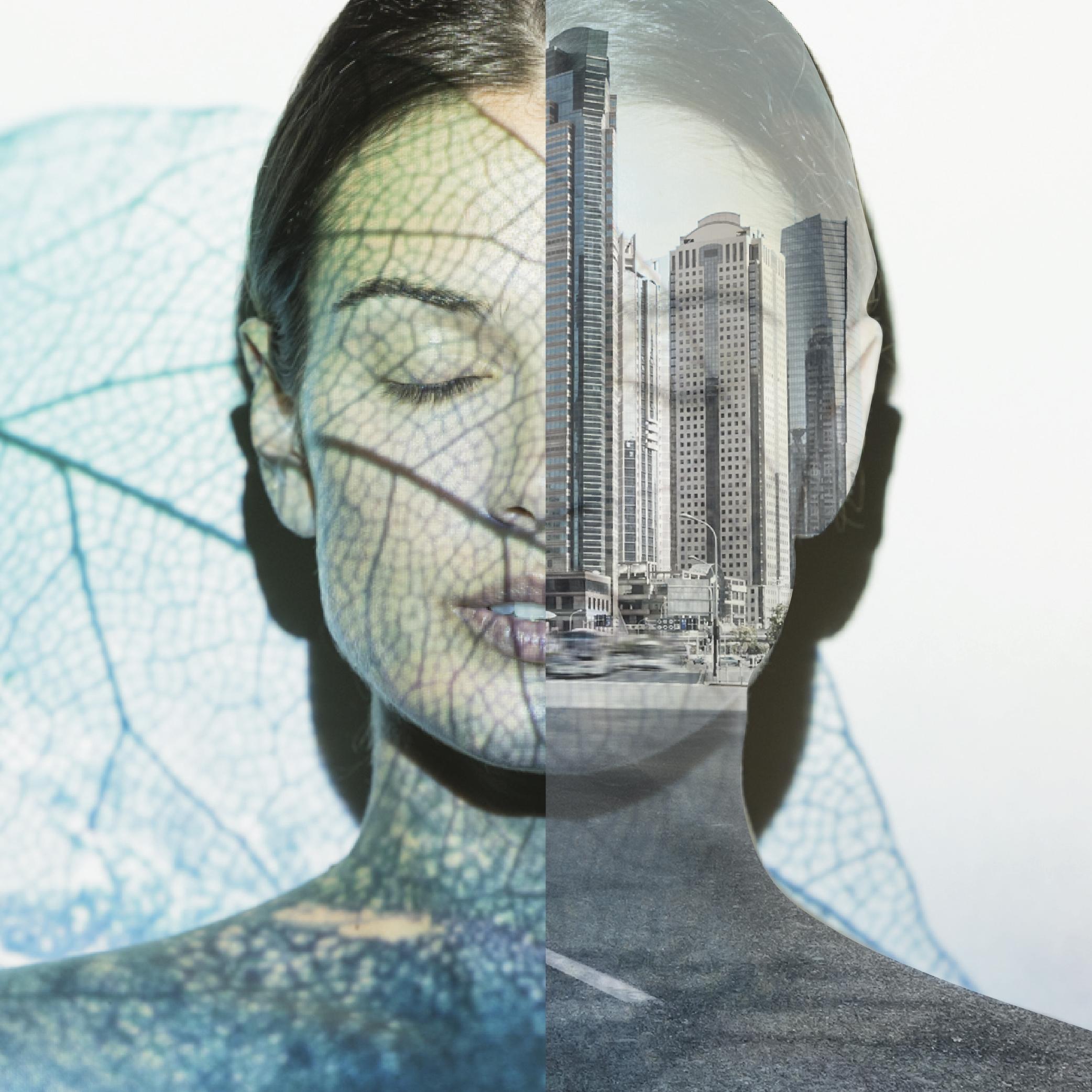 A double exposure image showing a woman's face, split in half. The left side features natural elements like a leaf, while the right side shows city buildings and a road, blending nature and urban life.