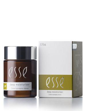 A brown jar of Deep Moisturiser with a black lid (1.7 fl. oz.) is displayed beside its matching white and gold box, both labeled with the product name.