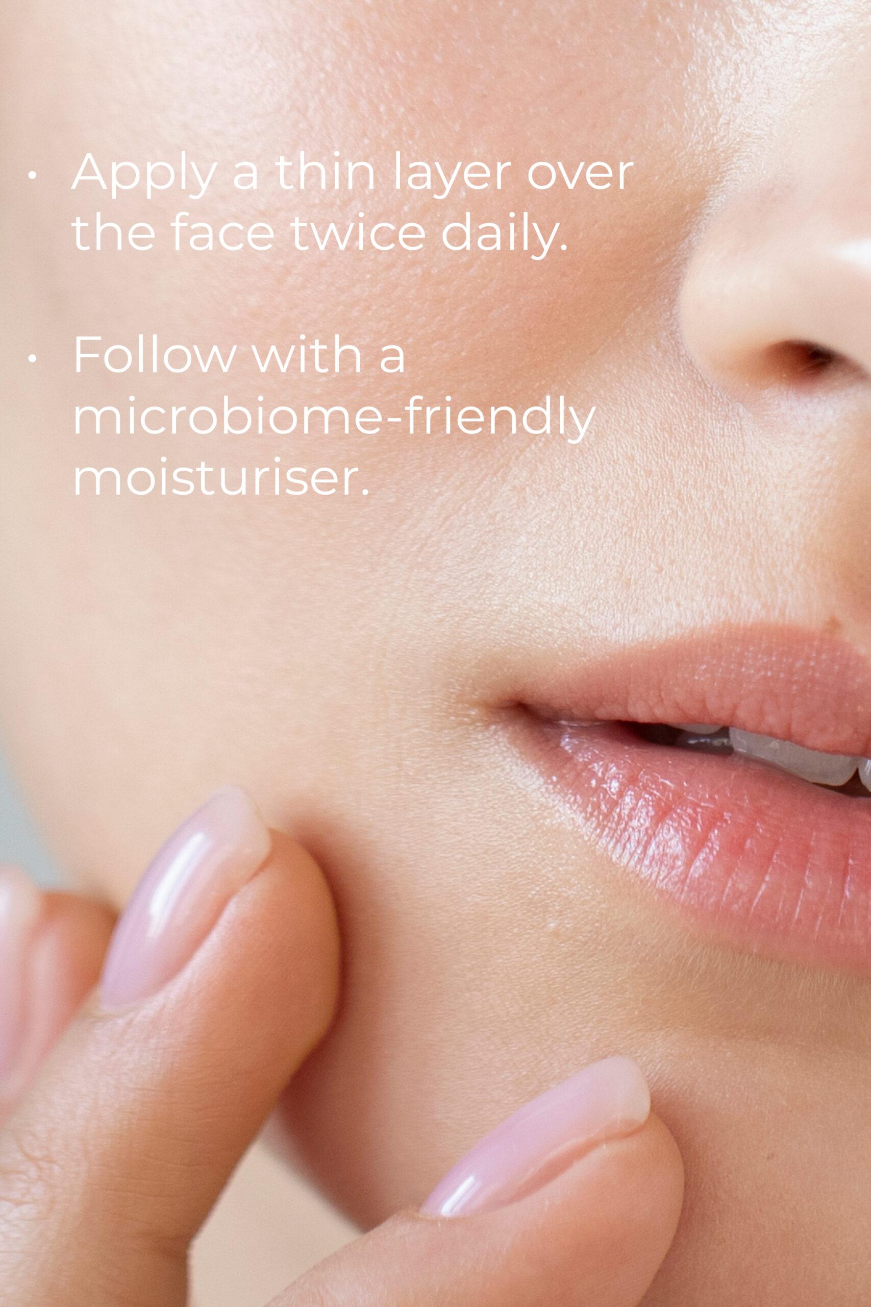 Close-up of a person’s lower face and hand applying Esse Bakuchiol Serum, with text: “Apply a thin layer over the face twice daily. Follow with a microbiome-friendly moisturiser.”.