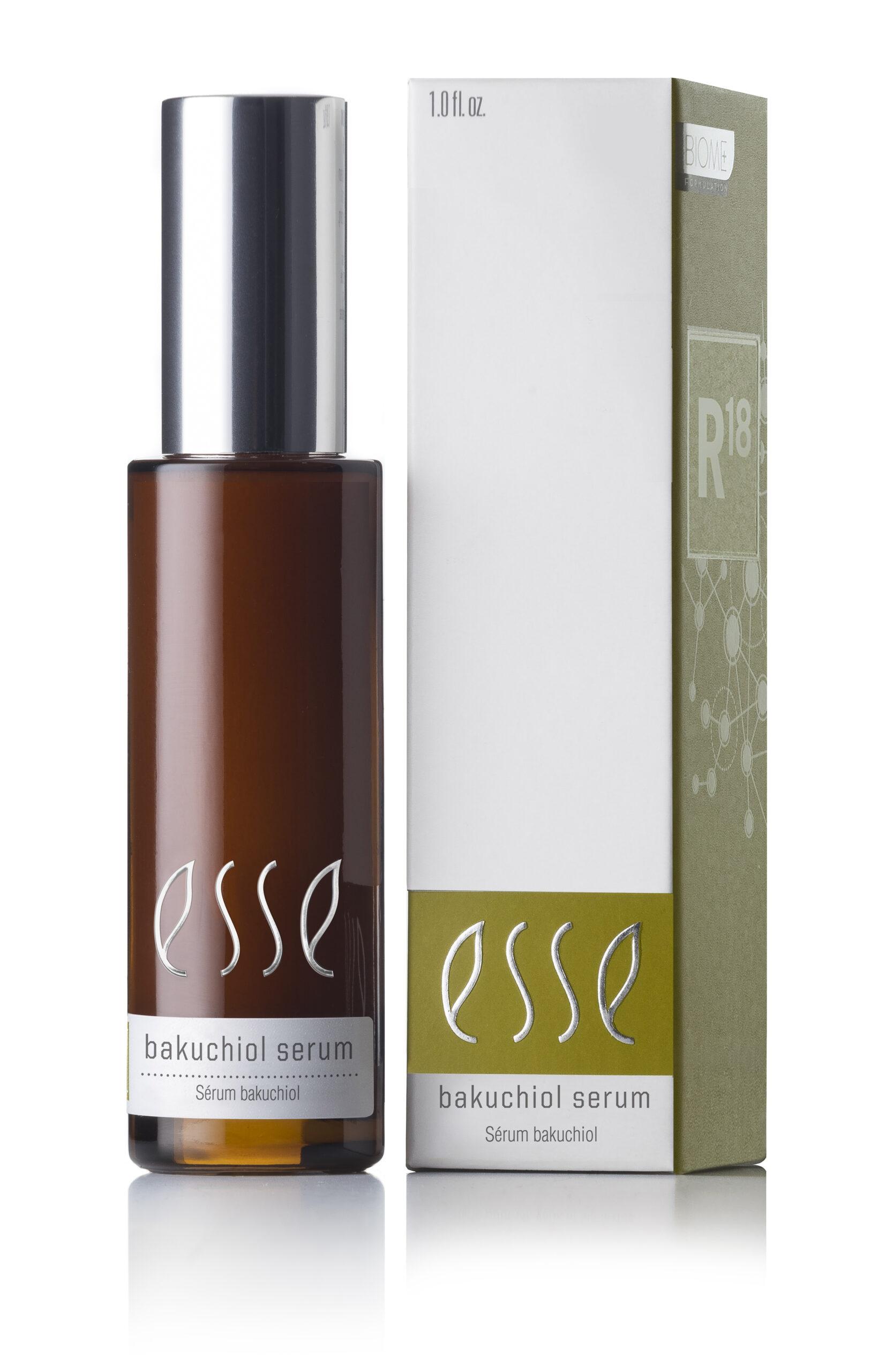 A brown bottle of Esse Bakuchiol Serum with a silver cap sits next to its olive green and white box, displaying the product name and details clearly on both the bottle and packaging.