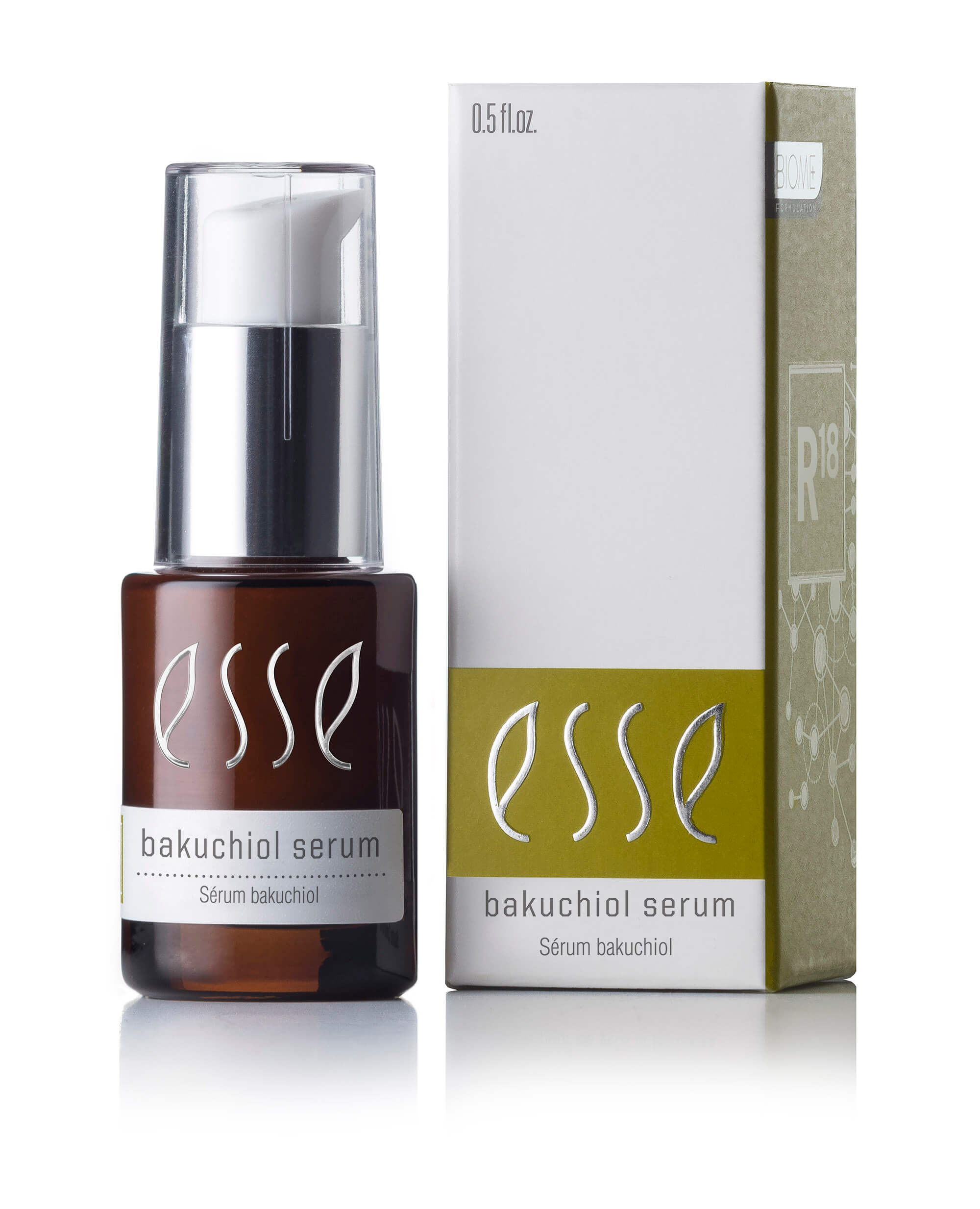 A brown bottle of Esse Bakuchiol Serum with a white pump stands beside its green and white box, both labeled “Esse Bakuchiol Serum” and featuring scientific illustrations and text.