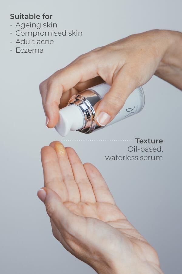 A hand dispenses a small amount of Esse Probiotic Serum, an oil-based waterless formula, from a pump bottle onto the palm. Text highlights its suitability for ageing skin, compromised skin, adult acne, and eczema.
