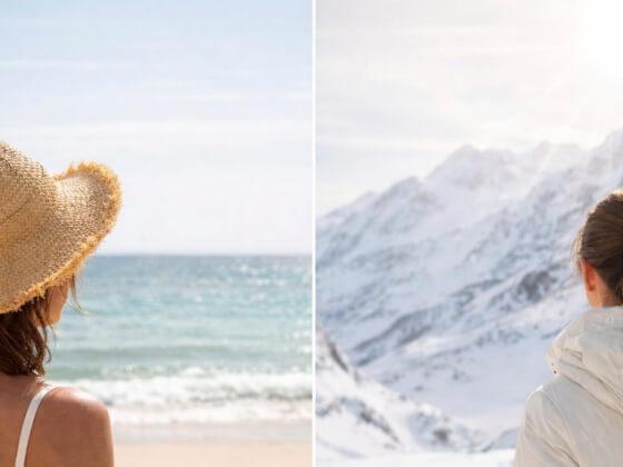 A split image shows a woman in a straw hat enjoying the ocean on a sunny beach, and another in a white coat admiring snowy mountains—highlighting how different environments can influence de oorzaken van versnelde veroudering.